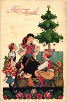 'Karácsonyi üdvözlet' / Christmas, mother and children in traditional dress, folklore, s: Szilágyi G. Ilona (cut)