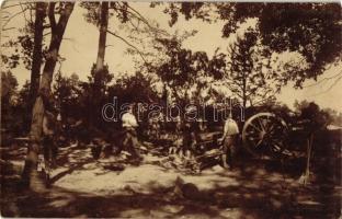 WWI K.u.K. military camp, soldiers with cannon, photo