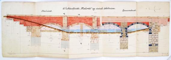 1929 Bp. II., a Lukácsfürdőnél lévő Malom tó egy részének átboltozása. Kézzel rajzolt tervrajz, a tervező aláírásával. Nagyméretű, színezett, kihajtható 104x35 cm VÉDETT!