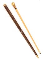 Kettő az egyben sétabot, tetején réz gömbbel, faragott díszítéssel, jó állapotban, h: 84 cm