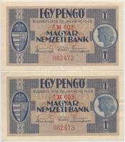 1938. 1P, II. kiadás csillagos sorszámmal, (2x) sorszámkövetők T:II,III szép papír Hungary 1938. 1 Pengő, 2nd issue, serial number with star, (2x) sequential serials C:XF,F nice paper Adamo P1A