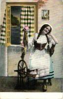 Lady sits beside a spinner, German folklore (EK)