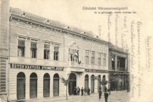 Máramarossziget, Sighetu Marmatei; Steinmetz József bútorraktára, Polák Béni és Miksa ruharaktára, Markovits Henrik üzlete. Az új görög katolikus rutén vicáriusi lak / shops, Greek Cath. vicarage (EK)