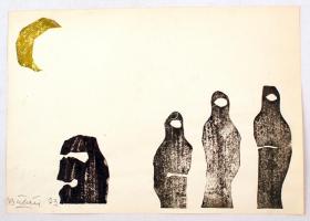 Bálint Endre (1914-1986): Sorban állók. Monotípia, papír, jelzett, 28×41 cm