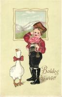 Boldog új évet! / New Year, Child in traditional dress, folklore, goose with bowtie, Erika No. 2575, litho, Emb. (EK)
