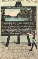 Rhein river, ship, child with chalkboard