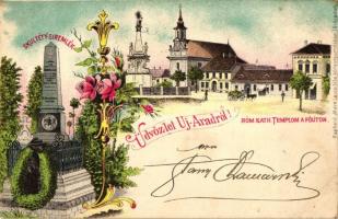 1899 Arad, Újarad. Skultéty síremlék, katolikus templom a Főúton; kiadja Mayr Lajos könyvnyomdája / tomb, main street litho