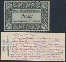 1923-1950 Receptboríték, Koczka Pál Kígyó Gyógyszertára, Szolnok, benne receptpapírral, megviselt állapotban