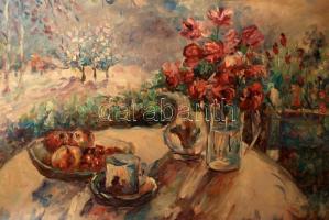 Herman jelzéssel: Csendélet a teraszon. Olaj, vászon, keretben, 60×90 cm