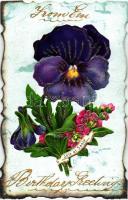 1908 Birthday Greetings; floral mechanical postcard