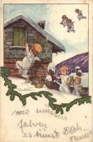 Christmas, angels sneaking into a house, Italian art postcard, Anna & Gasparini No. 717-2, s: V. Castelli