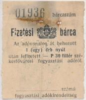 ~1920-1930. Fizetési bárca 1db nyúl után lefizetett 30f-ről lyukasztva T:III