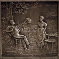 Fém cigarettás doboz, német felirattal, kis jelenettel, 9x6x3 cm