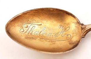 XIX. sz vége: Thale a. H. aranyozott ezüst kanál, zománcfestett képpel és címerrel / Vintage silver ...