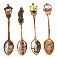 XIX. sz vége: Aranyozott díszkanál tétel, 4 db zománcfestett képpel és címerrel / Vintage gold plated spoon lot: Nürnberg, Wien, Schloss Hornberg, Weinsberg, Germany 11 g