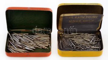 2 db gramofontűs doboz (orosz, német), fém , kb 25-25 db tűvel