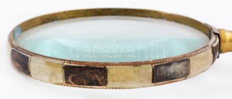 Dekoratív nagyító, réz, mozaik (szaru?) berakásokkal, hiányos, koszos lencsével, h:24 cm