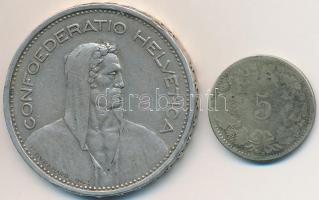 Svájc 1850BB 5r billon + 1932B 5Fr Ag T:2-,3 Switzerland 1850BB 5 Rappen billon + 1932B 5 Franc C:VF,F