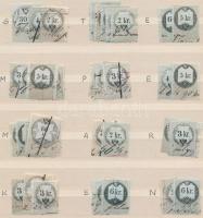Érdekes okmánybélyeg tétel betűvízjelek az 1858-as és 1864-es kiadás bélyegein 43 bélyeg betűk szerint rendszerezve / Document stamps with watermarks on the issues of 1858 and 1864. 43 pieces