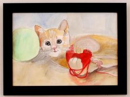 Gergely Nóra (1956- ): Gombolyaggal játszó kismacska, vegyes technika, papír, jelzett, fa keretben, 20×29 cm