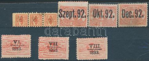 cca 1890 Tagsági jegyek: Magyar-francia biztosító, Nemzeti Baleset és Munkásbiztosító Rt. Szociáldemokrata Párt 3x3 bélyeg / Membership  stamps