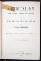 Baedeker, K.:Italien. Handbuch für Reisende. Erster Theil: Ober-Italien bis Livorno, Florenz, Ancona, und die Insel Corsica nebst Reise-Routen durch die Schweiz und Oesterreich. Mit 6 Karten und 27 Planen. Coblenz, 1811, Karl Baedeker. Egészvászon kötésben.