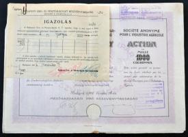 Budapest 1922. Mezőgazdasági Ipar-Részvénytársaság részvénye 1000K-ról szelvényekkel, bélyegzéssel és szárazpecséttel, igazolással T:III