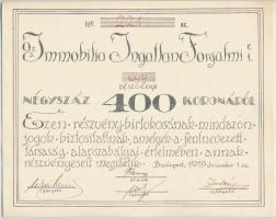 Budapest 1919. Az Immobilia Ingatlan Forgalmi Részvénytársaság részvénye 400K-ról, szelvényekkel, (3x) sorszámkövetők T:I