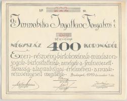 Budapest 1919. "Az Immobilia Ingatlan Forgalmi Részvénytársaság" részvénye 400K-ról, szelv...