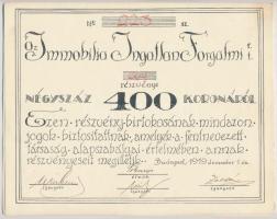 Budapest 1919. "Az Immobilia Ingatlan Forgalmi Részvénytársaság" részvénye 400K-ról, szelv...