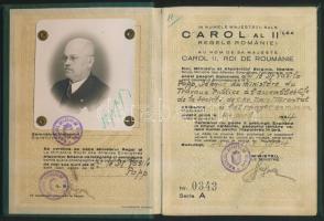 1934 Fényképes román diplomata útlevél a Közmunkák Minisztériumának küldötte részére kiállítva, magy...