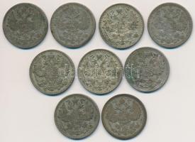 Orosz Birodalom 1907-1916. 15k Ag (9x) T:vegyes
Russian Empire 1907-1916. 15 Kopeks Ag (9x) C:mixed