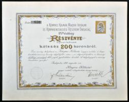 Budapest 1898. Könyves Kálmán Magyar Irodalmi és Könyvkereskedési Részvény Társaság 6%-os elsőbbségi részvénye 200K-ról, szárazpecséttel, szelvényekkel T:I-