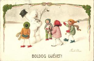 New Year, children, snowman, A.G.B. No. 3073. s: Pauli Ebner (EK)