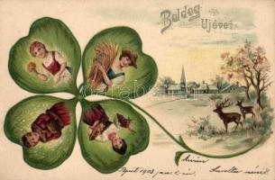 New Year, clover, folklore ladies, litho