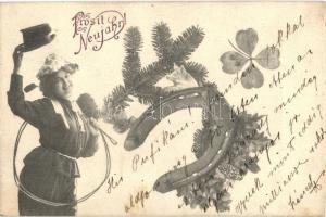 New Year, chimney sweeper lady, horse shoe, pig,