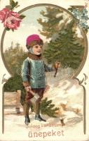 Christmas, lumberjack boy with pine tree, floral, litho, silk card (EB)