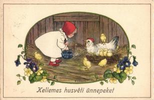 Easter, child, chicken, floral, Erika Nr. 2037. (EK)