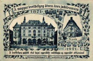 1921 Budapest, A levélbélyeg gyűjtők egyesületének épülete, A magyar levélbélyeg ötven éves jubileumára. Sorszámozott Carte Maximum képeslap So. Stpl