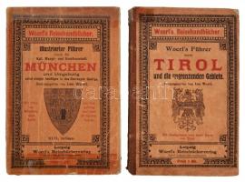 2 db könyv-Woerl's Führer durch Tirol und die angrenzenden Gebiete. Leipzig, Woerl's Reisebüchverlag; Leo Woerl: Illustrierter Führer durch die Kgl. Haupt- und Residenzstadt München und Umgebung. Leipzig, Woerl'S Reisebücherverlag. Kiadói papírkötés, celluxszal javított, kopott állapotban / paperback, damaged condition