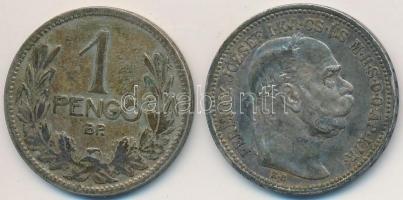 1914KB 1K Ag "Ferenc József" + 1926. 1P Ag T:2,2-,3 ph., patina