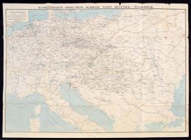 cca 1902 Ritter, Julius: Eisenbahn-Routen-Karte von Mitteleuropa, lépték nélkül, Verlag von R. von Waldheim, Bécs, a hajtások mentén szakadásokkal, 65,5×80 cm