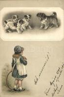 Girl, dogs, litho (small tear)