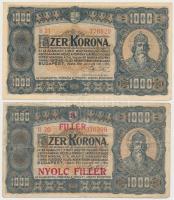 1923. 1000K &quot;Magyar Pénzjegynyomda Rt. Budapest&quot; + 1923. 1000K &quot;8 FILLÉR - NYOLC FILLÉR&quot; felülnyomással T:III,III-