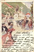 Herkulesfürdő, Baile Herculane; szobor, lovaskocsi / statue, horse carriage, Schön & Maison München No. 268, artist signed (kis szakadás / small tear)