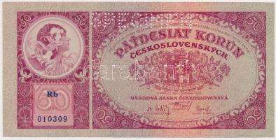 Csehszlovákia 1929. 50K &quot;SPECIMEN&quot; perforációval T:I- Czechoslovakia 1929. 50 Korun with &quot;SPECIMEN&quot; perforation C:AU