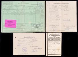 1940-1941 Különféle német nyelvű okmányok: betegsegélyező egyesület tagsági igazolványa, tartózkodási engedély, elbocsátási engedély, stb., összesen 4 db