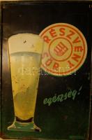 cca 1948 Részvény sör színes dombornyomott fém reklámtábla 24x37cm fakeretre csavarozva