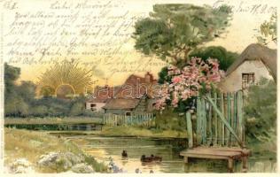 Ducks, houses, cherry tree, Winkler & Schorn Sonnenschein-Postkarte Serie IV., golden decoration litho