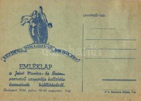 Küzdünk, dolgozunk, jövőnkért. Emléklap a Joint Munka- és Üzemszervező csoportja kollektív üzemeinek kiállításáról / commemorative postcard of the American Jewish Joint Distribution Comittee, Judaica So. Stpl